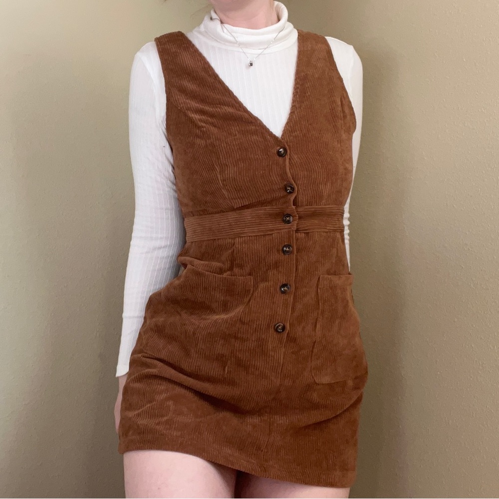 Brown Corduroy Button Up Cord Overall Dress